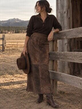 Vintage Style & Co Collection Leather Maxi Skirt Size 10P Brown Suede Western